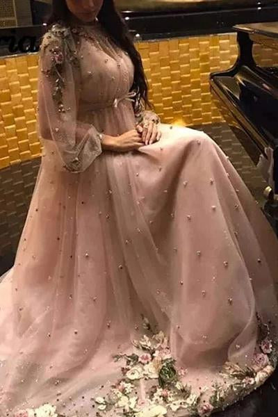 Unique Long Sleeves Tulle Prom Dress with Flowers, Charming Formal Dress with Flowers N2612