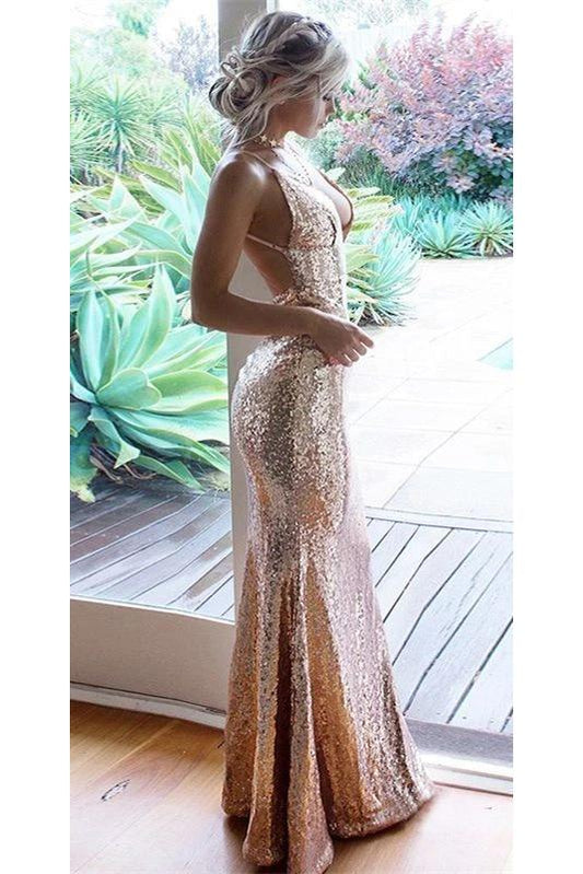 Sexy Sequined Mermaid Backless Prom Dress, Rose Gold Floor Length V Neck Formal Dress N2598