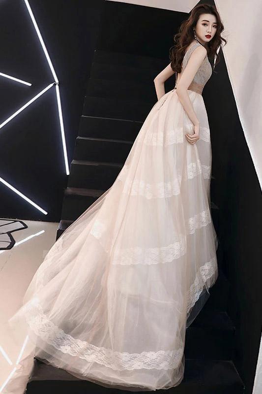 Unique V Neck Tulle Lace Long Prom Dress Tulle V Back Evening Dress with Train N2092