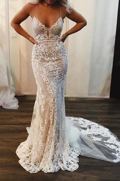 Spaghetti Strap Mermaid Wedding Dresses Lace Applique Bridal Dress with Long Train N2067