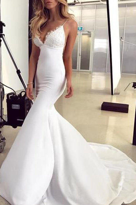 Spaghetti Straps Mermaid Wedding Dress with Lace Appliques, Sexy Backless Bridal Dresses N2508