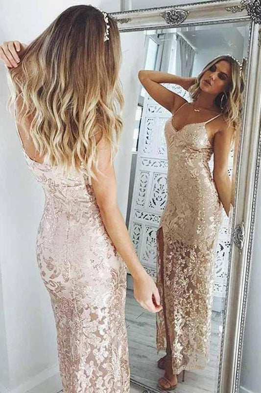 Sexy Spaghetti Straps Side Slit Long Prom Dresses, Sheath Split Formal Dresses N2614