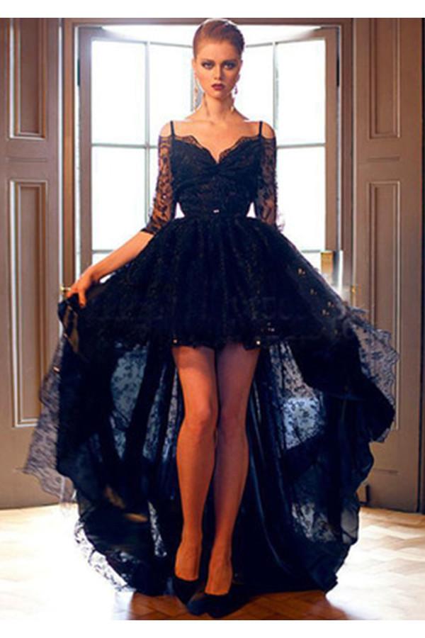 Elegant Black Lace High-low Half Sleeves Prom Dress Evening Dress N0003