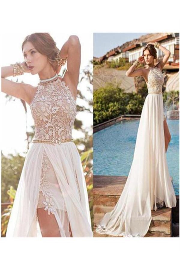 A-line Halter High Neck Lace Ivory Beach Wedding Dress,Prom Dresses N14