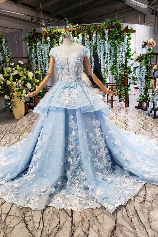 Light Sky Blue Gorgeous Prom Dress with Flowers, Ball Gown Quinceanera Dress with Beads N2197