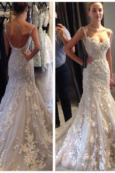 Tulle Wedding Dress With Appliques,Straps Bridal Dress,Sleeveless Mermaid Wedding Dress,N109