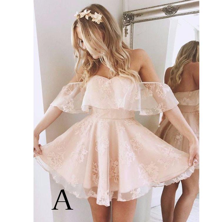 A-Line Homecoming Dress,Lace Off-Shoulder Short Prom Dresses,Pink Homecoming Dress,N104