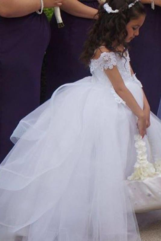 White Off-the-shoulder Ball Gown Flower Girl Dresses,Floor Length Girls First Communion Dress,F004