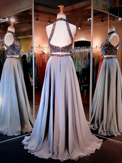 Two Pieces A-line Sparkle High Neck Beading Long Prom/Evening Dress N13