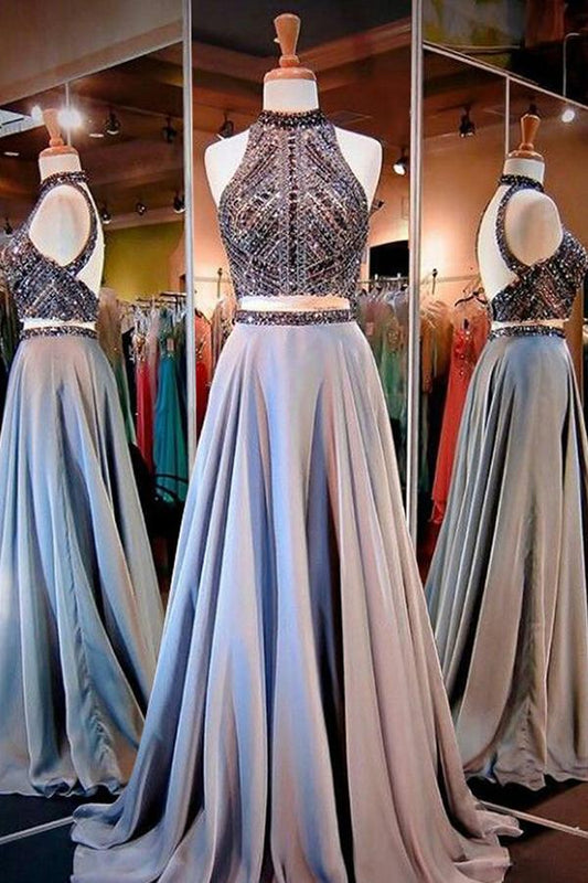 Two Pieces A-line Sparkle High Neck Beading Long Prom/Evening Dress N13