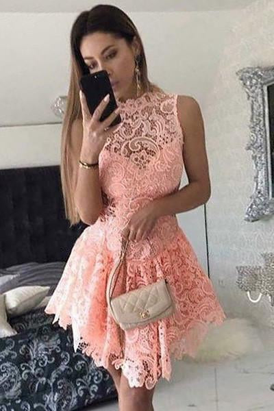 A-Line Short Dropped Pink Homecoming Dress,Mini Sleeveless Lace Cocktail Dress,N118