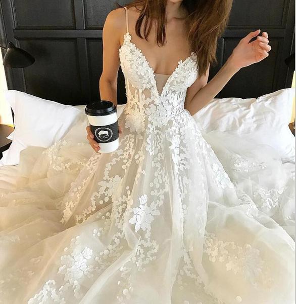 Deep V neck Wedding Dress,Lace Wedding Dress,Spaghetti Straps Beach Wedding Dress N74