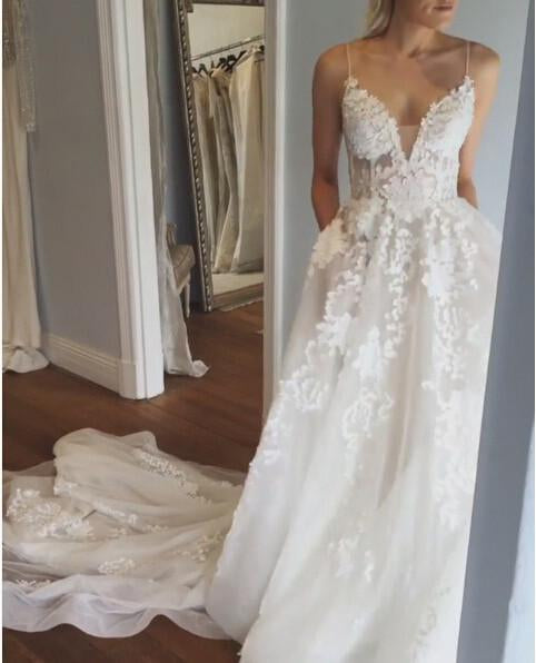 Deep V neck Wedding Dress,Lace Wedding Dress,Spaghetti Straps Beach Wedding Dress N74