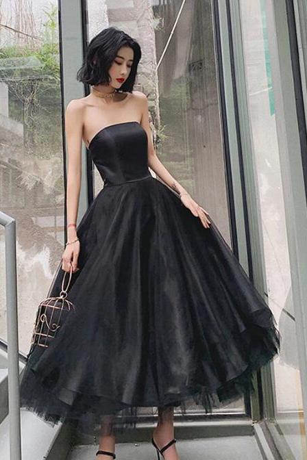 Black Strapless Tulle Homecoming Dress Puffy Ankle Length Formal Dresses N2139