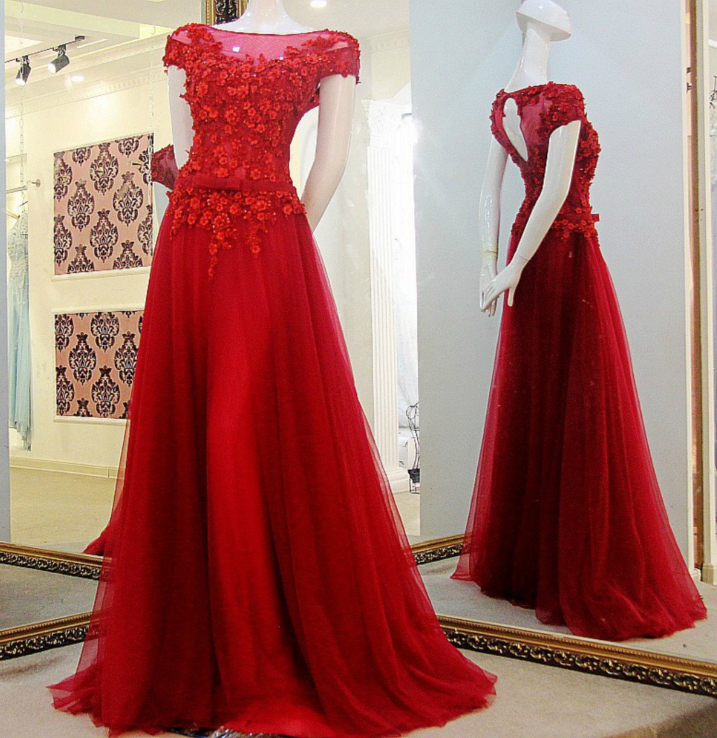 Red Cap Sleeves Prom Gowns, Appliques Tulle Custom Made Long Evening Dress,N93