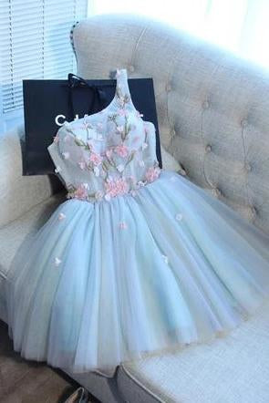 A Line One Shoulder Juniors Tulle Homecoming Dresses, Cute Graduation Dress with Flower N1944