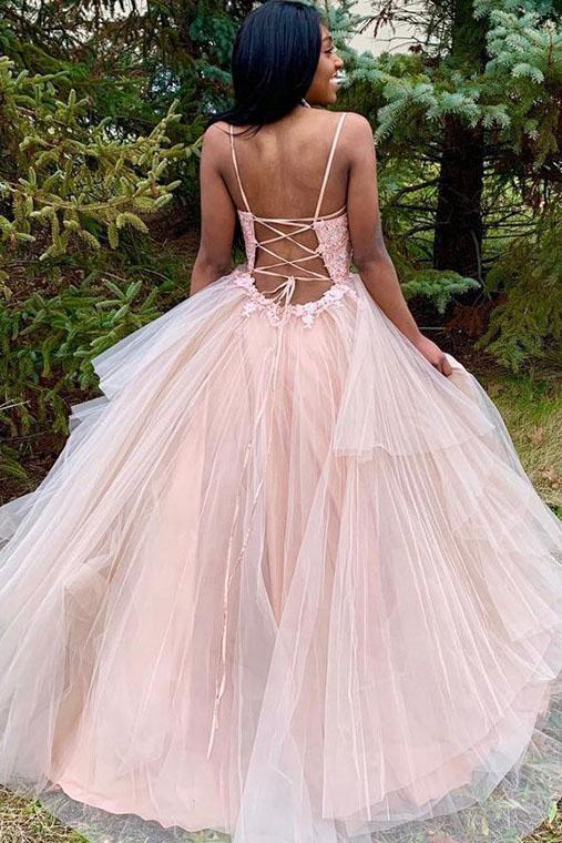 Spaghetti Straps Tulle Long Prom Dress with Lace Appliques, New Pink Long Party Dress N2466