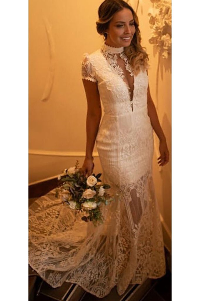 Vintage High Neck Lace Wedding Dress with Short Sleeves, See Through Bridal Dresses N1786