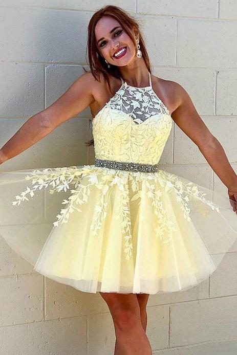 Daffodil Halter Homecoming Dress with Lace Appliques, A Line Graduation Dress with Beads N2161