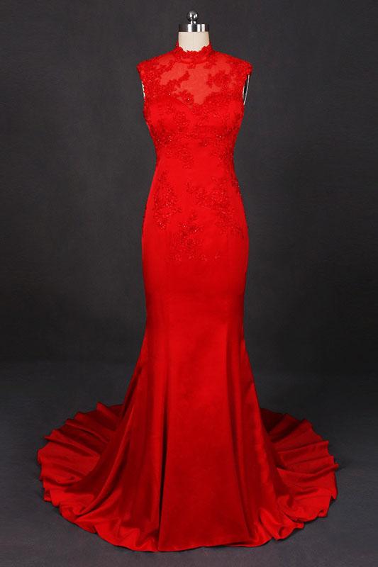 Red Sleeveless High Neck Sleeveless Satin Evening Dress Appliques Prom Dresses N2332