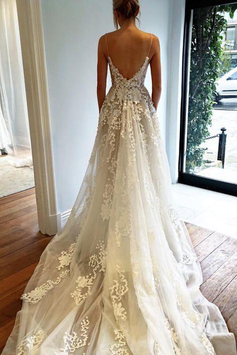 Deep V neck Wedding Dress,Lace Wedding Dress,Spaghetti Straps Beach Wedding Dress N74