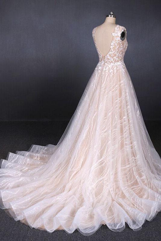 Puffy Sleeveless Lace Wedding Dresses, Elegant A Line Backless Bridal Dresses N2296